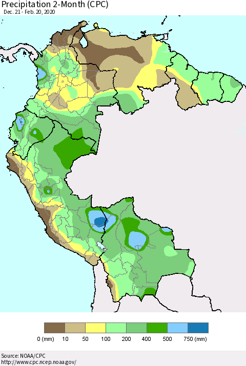 Northern South America Precipitation 2-Month (CPC) Thematic Map For 12/21/2019 - 2/20/2020