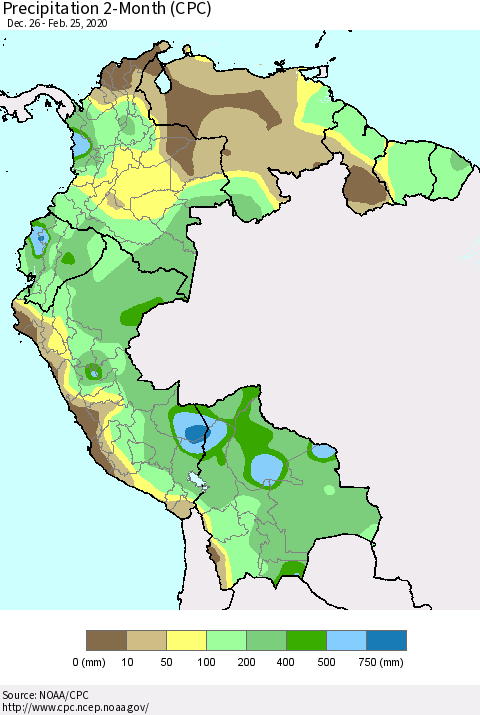 Northern South America Precipitation 2-Month (CPC) Thematic Map For 12/26/2019 - 2/25/2020