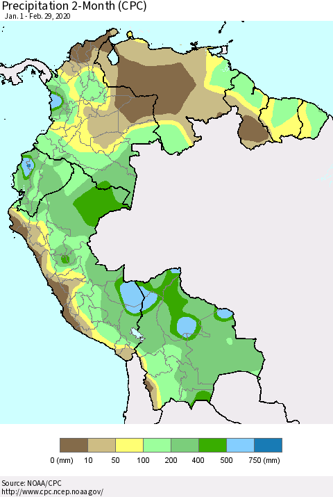 Northern South America Precipitation 2-Month (CPC) Thematic Map For 1/1/2020 - 2/29/2020