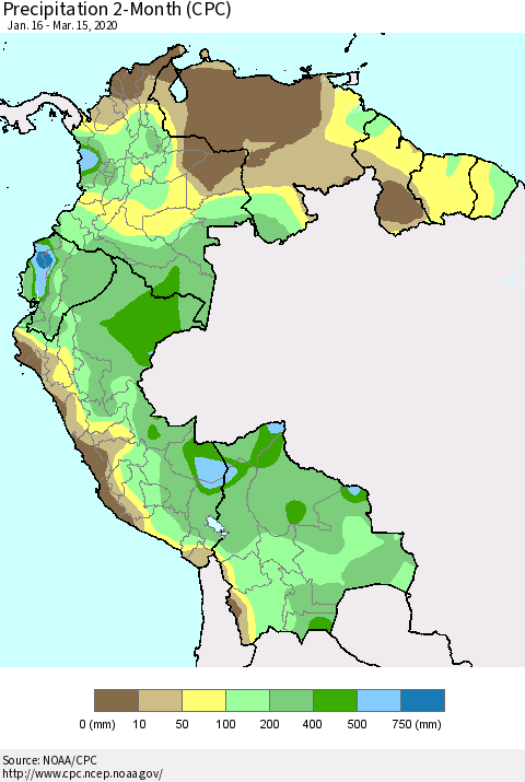 Northern South America Precipitation 2-Month (CPC) Thematic Map For 1/16/2020 - 3/15/2020