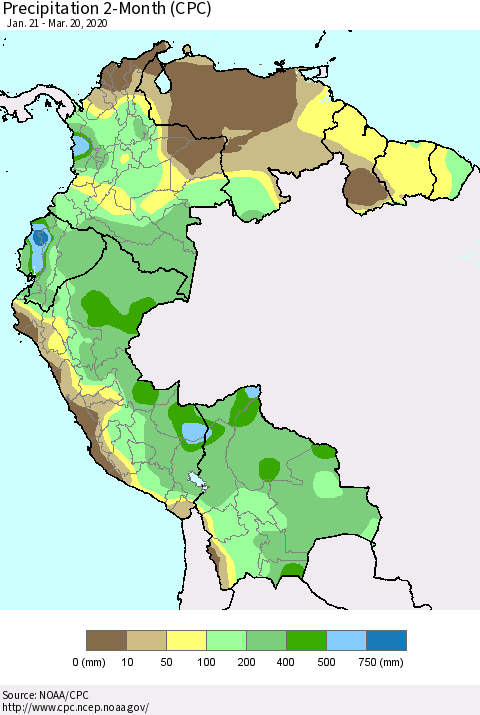 Northern South America Precipitation 2-Month (CPC) Thematic Map For 1/21/2020 - 3/20/2020