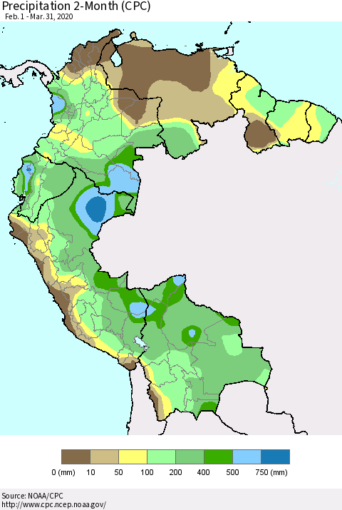 Northern South America Precipitation 2-Month (CPC) Thematic Map For 2/1/2020 - 3/31/2020