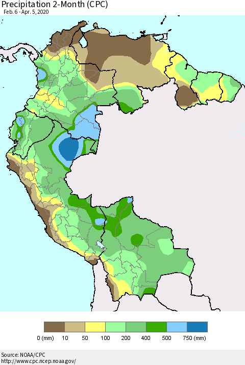 Northern South America Precipitation 2-Month (CPC) Thematic Map For 2/6/2020 - 4/5/2020