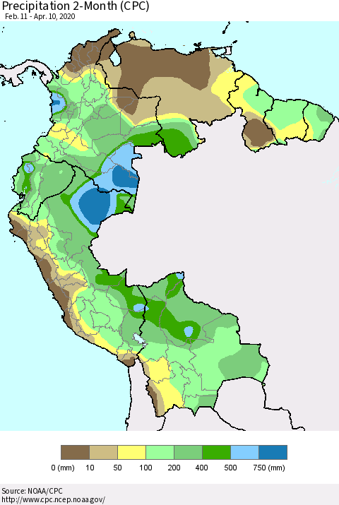 Northern South America Precipitation 2-Month (CPC) Thematic Map For 2/11/2020 - 4/10/2020