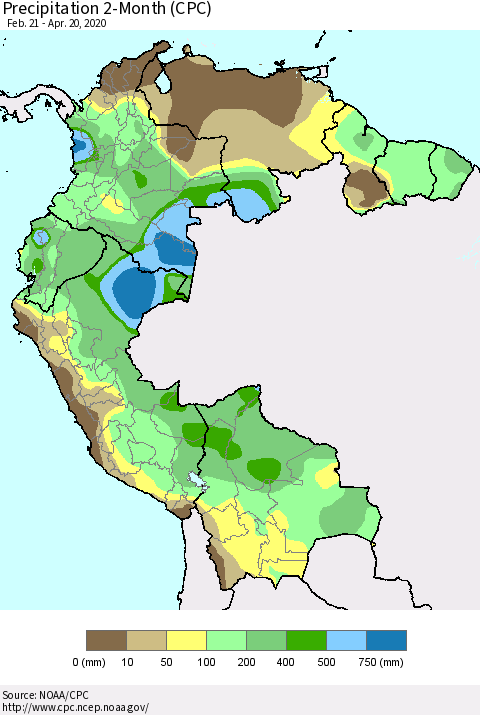 Northern South America Precipitation 2-Month (CPC) Thematic Map For 2/21/2020 - 4/20/2020