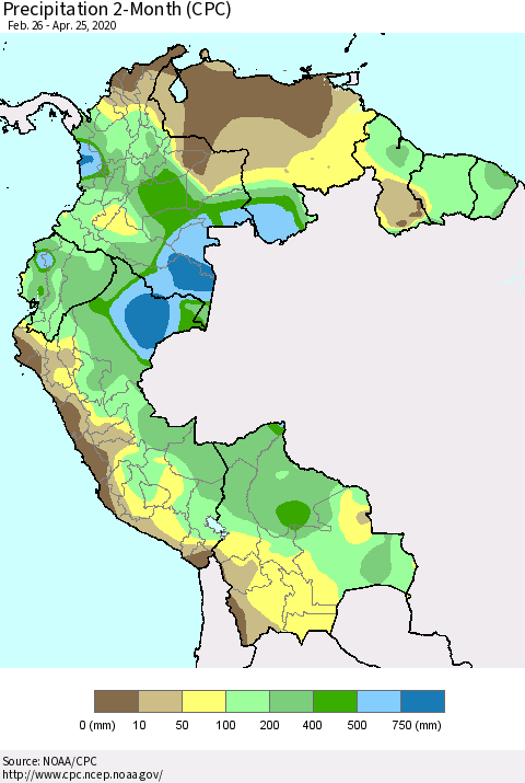Northern South America Precipitation 2-Month (CPC) Thematic Map For 2/26/2020 - 4/25/2020