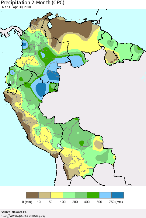 Northern South America Precipitation 2-Month (CPC) Thematic Map For 3/1/2020 - 4/30/2020