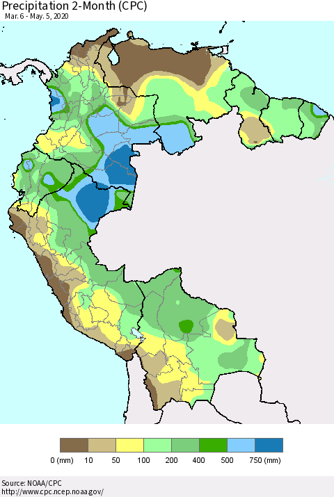 Northern South America Precipitation 2-Month (CPC) Thematic Map For 3/6/2020 - 5/5/2020