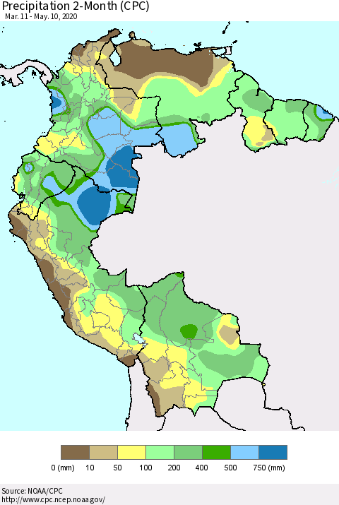Northern South America Precipitation 2-Month (CPC) Thematic Map For 3/11/2020 - 5/10/2020