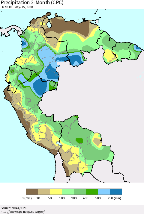 Northern South America Precipitation 2-Month (CPC) Thematic Map For 3/16/2020 - 5/15/2020
