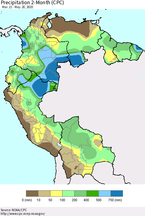 Northern South America Precipitation 2-Month (CPC) Thematic Map For 3/21/2020 - 5/20/2020