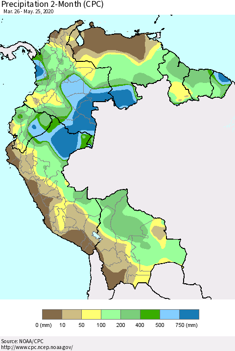 Northern South America Precipitation 2-Month (CPC) Thematic Map For 3/26/2020 - 5/25/2020