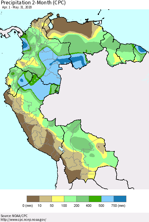 Northern South America Precipitation 2-Month (CPC) Thematic Map For 4/1/2020 - 5/31/2020