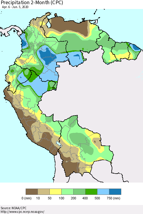 Northern South America Precipitation 2-Month (CPC) Thematic Map For 4/6/2020 - 6/5/2020