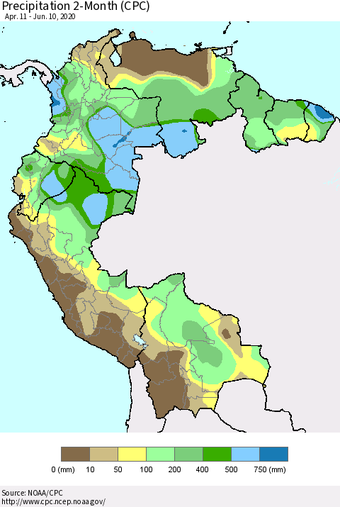 Northern South America Precipitation 2-Month (CPC) Thematic Map For 4/11/2020 - 6/10/2020