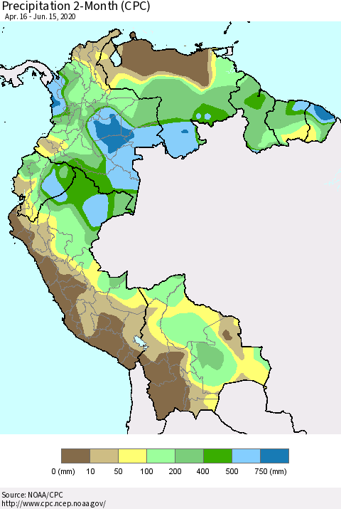 Northern South America Precipitation 2-Month (CPC) Thematic Map For 4/16/2020 - 6/15/2020