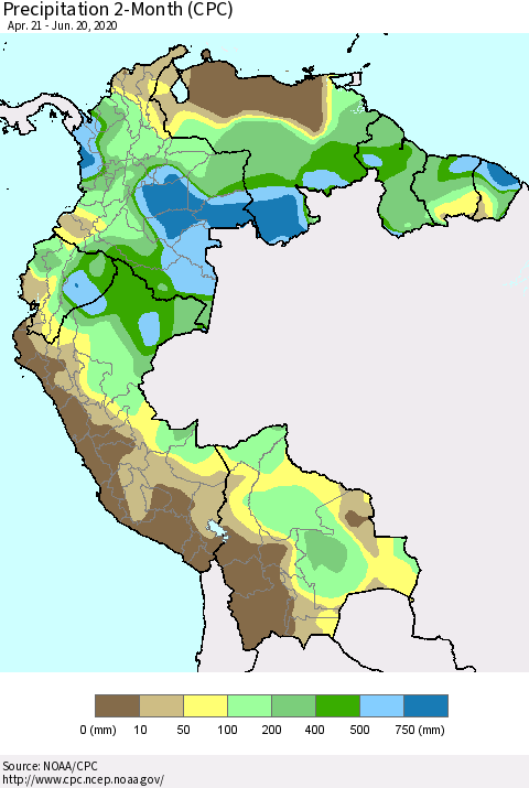 Northern South America Precipitation 2-Month (CPC) Thematic Map For 4/21/2020 - 6/20/2020