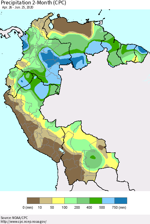 Northern South America Precipitation 2-Month (CPC) Thematic Map For 4/26/2020 - 6/25/2020