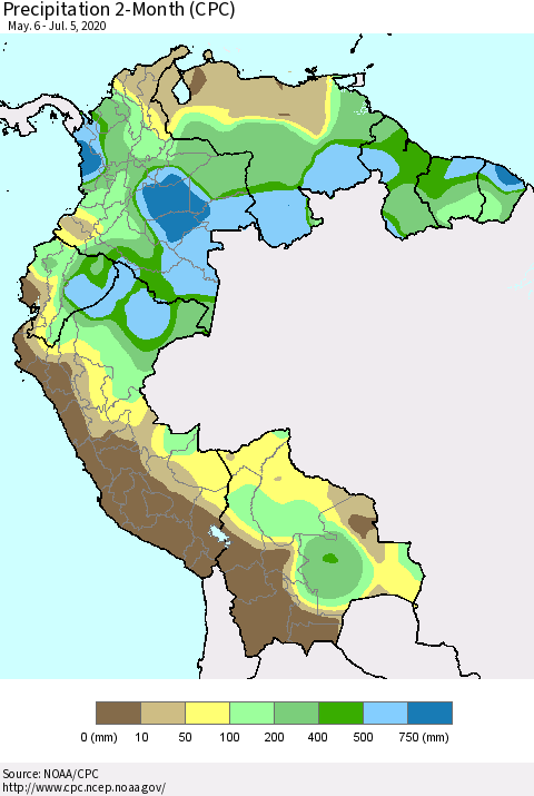 Northern South America Precipitation 2-Month (CPC) Thematic Map For 5/6/2020 - 7/5/2020