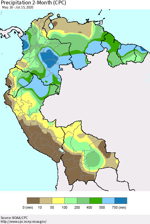 Northern South America Precipitation 2-Month (CPC) Thematic Map For 5/16/2020 - 7/15/2020