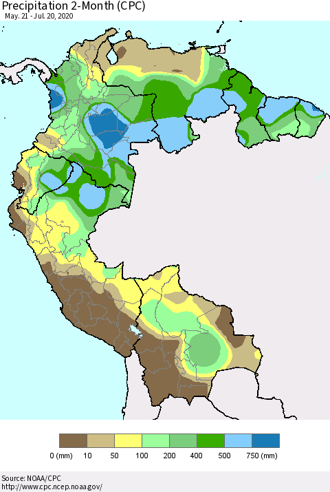 Northern South America Precipitation 2-Month (CPC) Thematic Map For 5/21/2020 - 7/20/2020