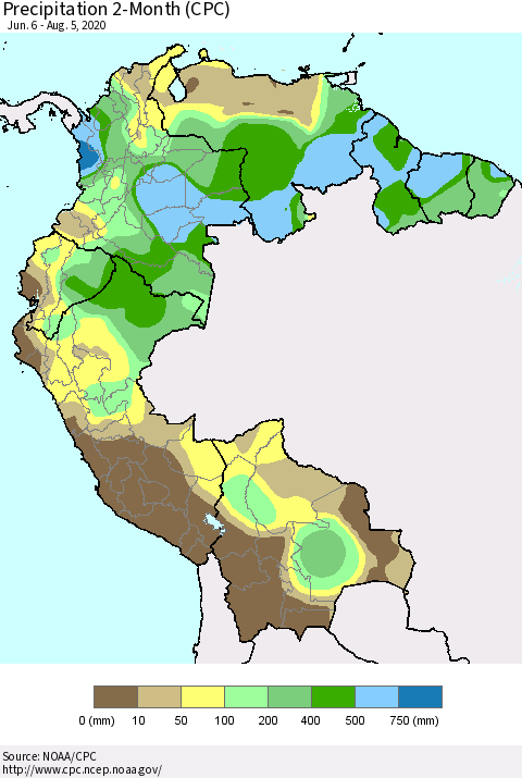 Northern South America Precipitation 2-Month (CPC) Thematic Map For 6/6/2020 - 8/5/2020