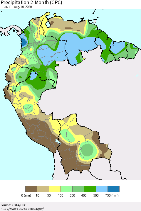 Northern South America Precipitation 2-Month (CPC) Thematic Map For 6/11/2020 - 8/10/2020
