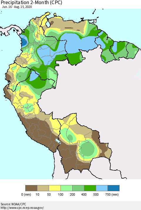 Northern South America Precipitation 2-Month (CPC) Thematic Map For 6/16/2020 - 8/15/2020
