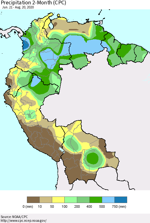 Northern South America Precipitation 2-Month (CPC) Thematic Map For 6/21/2020 - 8/20/2020