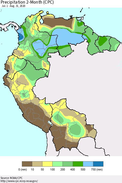 Northern South America Precipitation 2-Month (CPC) Thematic Map For 7/1/2020 - 8/31/2020