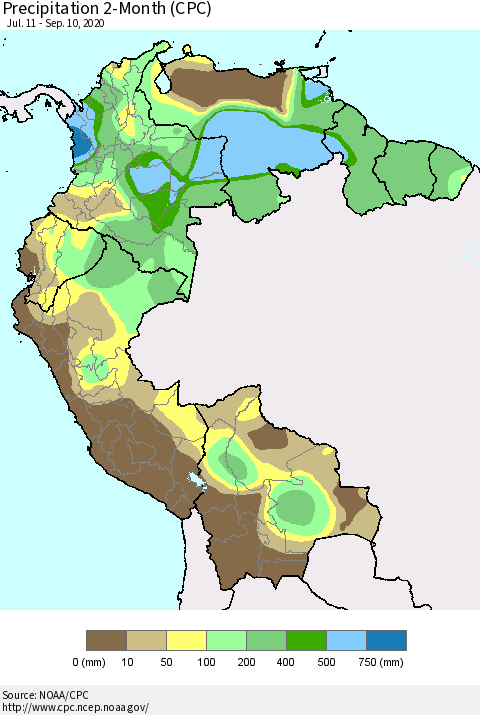 Northern South America Precipitation 2-Month (CPC) Thematic Map For 7/11/2020 - 9/10/2020