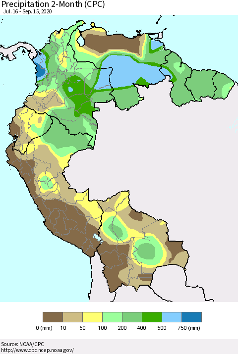 Northern South America Precipitation 2-Month (CPC) Thematic Map For 7/16/2020 - 9/15/2020