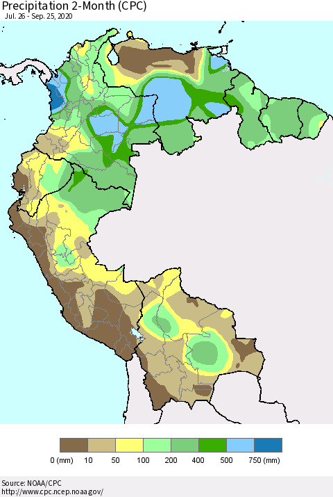 Northern South America Precipitation 2-Month (CPC) Thematic Map For 7/26/2020 - 9/25/2020