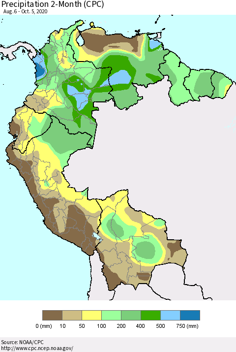 Northern South America Precipitation 2-Month (CPC) Thematic Map For 8/6/2020 - 10/5/2020