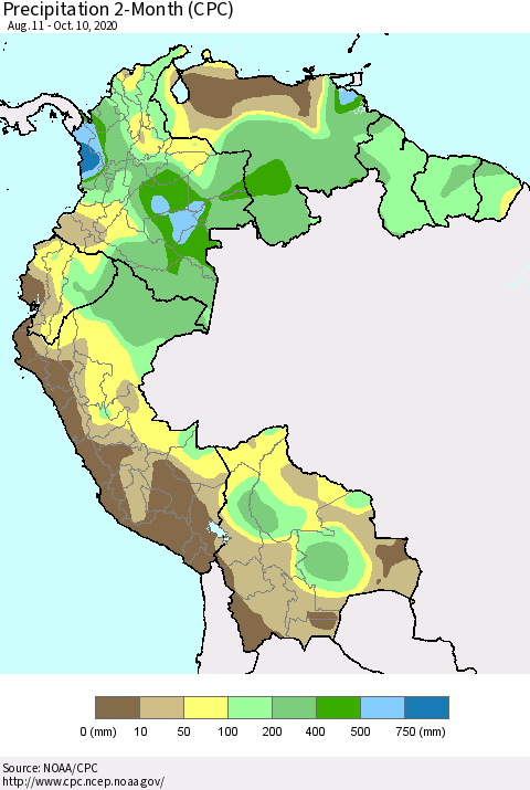 Northern South America Precipitation 2-Month (CPC) Thematic Map For 8/11/2020 - 10/10/2020