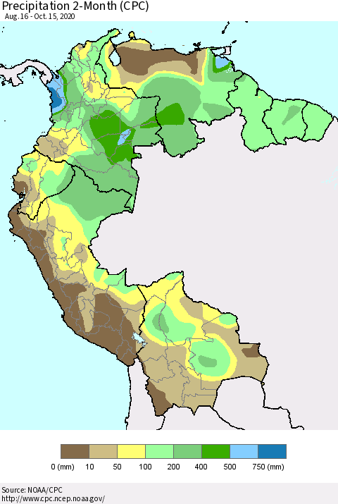 Northern South America Precipitation 2-Month (CPC) Thematic Map For 8/16/2020 - 10/15/2020
