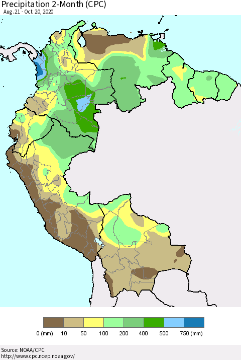 Northern South America Precipitation 2-Month (CPC) Thematic Map For 8/21/2020 - 10/20/2020