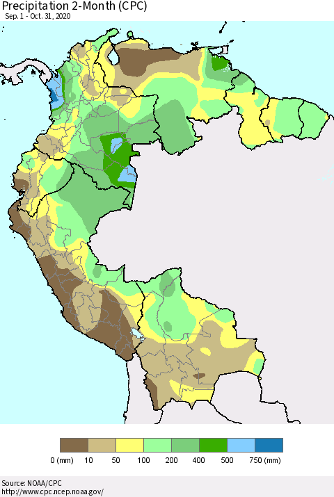 Northern South America Precipitation 2-Month (CPC) Thematic Map For 9/1/2020 - 10/31/2020