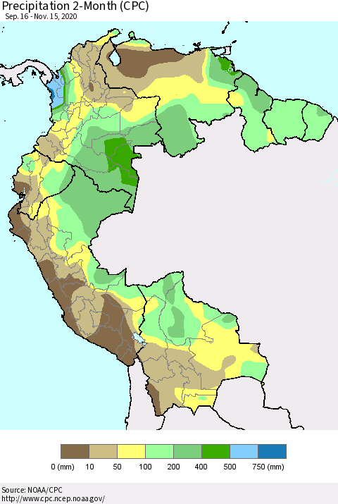 Northern South America Precipitation 2-Month (CPC) Thematic Map For 9/16/2020 - 11/15/2020