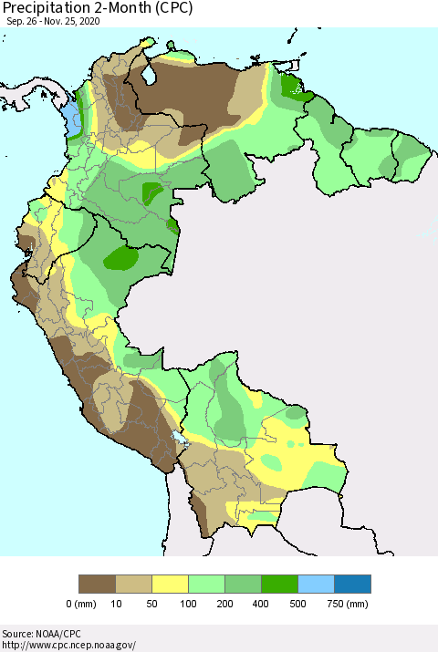 Northern South America Precipitation 2-Month (CPC) Thematic Map For 9/26/2020 - 11/25/2020