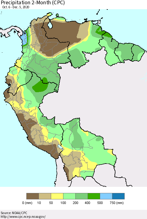 Northern South America Precipitation 2-Month (CPC) Thematic Map For 10/6/2020 - 12/5/2020