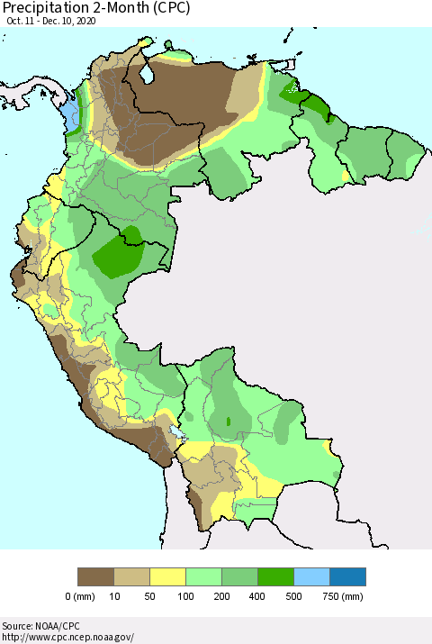 Northern South America Precipitation 2-Month (CPC) Thematic Map For 10/11/2020 - 12/10/2020