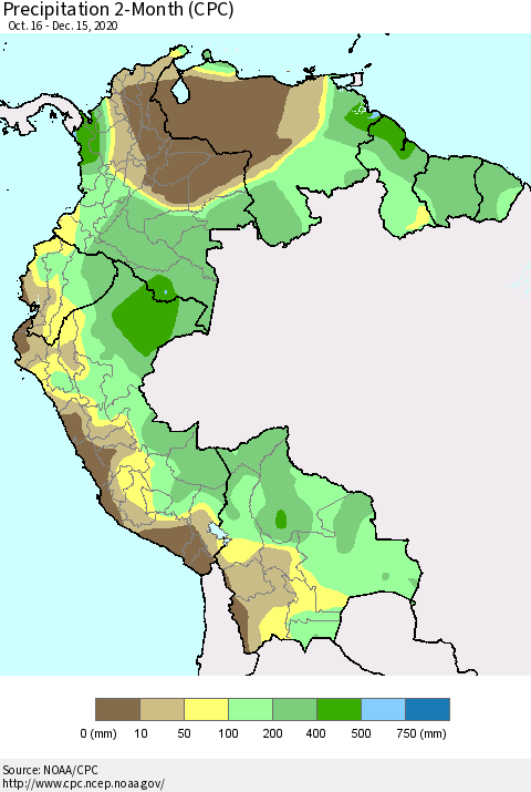 Northern South America Precipitation 2-Month (CPC) Thematic Map For 10/16/2020 - 12/15/2020