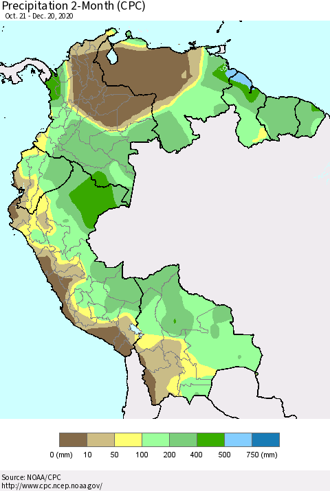 Northern South America Precipitation 2-Month (CPC) Thematic Map For 10/21/2020 - 12/20/2020