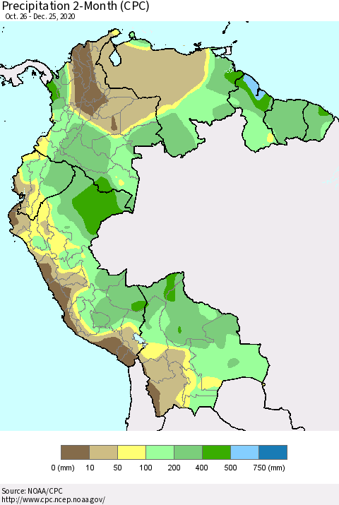 Northern South America Precipitation 2-Month (CPC) Thematic Map For 10/26/2020 - 12/25/2020