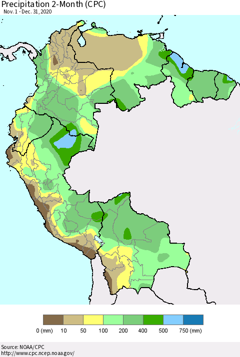 Northern South America Precipitation 2-Month (CPC) Thematic Map For 11/1/2020 - 12/31/2020