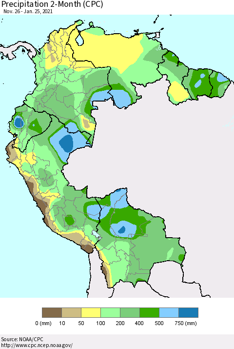 Northern South America Precipitation 2-Month (CPC) Thematic Map For 11/26/2020 - 1/25/2021