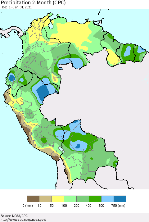 Northern South America Precipitation 2-Month (CPC) Thematic Map For 12/1/2020 - 1/31/2021