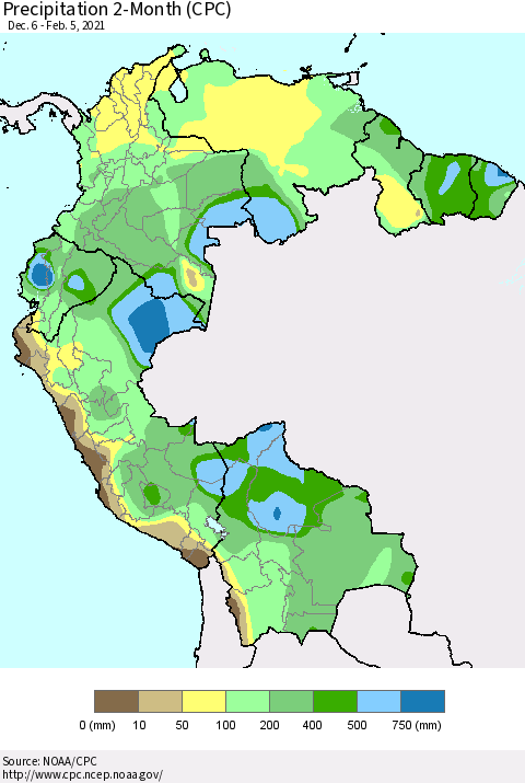 Northern South America Precipitation 2-Month (CPC) Thematic Map For 12/6/2020 - 2/5/2021