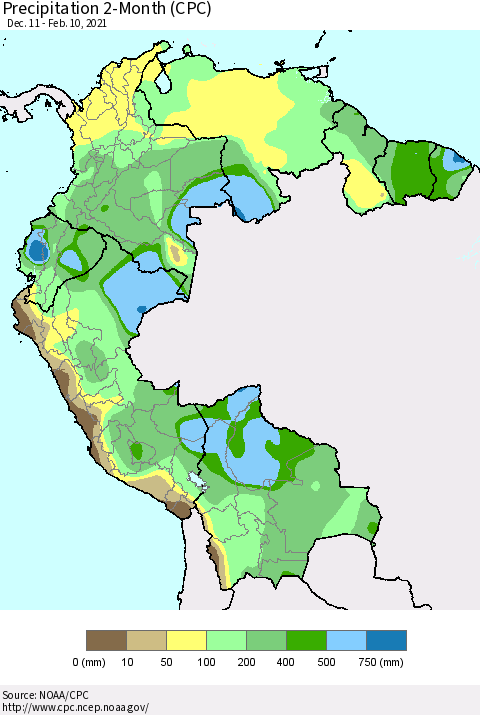 Northern South America Precipitation 2-Month (CPC) Thematic Map For 12/11/2020 - 2/10/2021